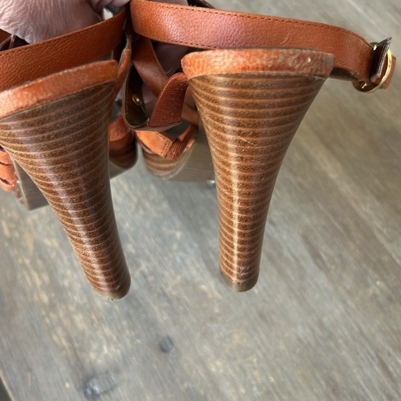 Enzo Angiolini Tan Leather High Heel Sandals with Gold Stud Details - Picture 9 of 15